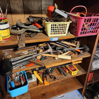 3 Shelves of tools Clamps, Hammers, Cords, Files