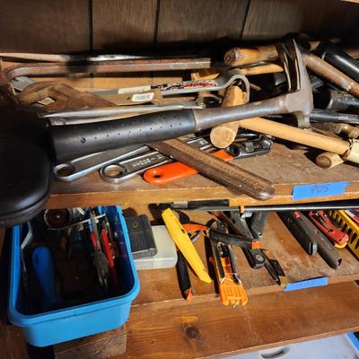 3 Shelves of tools Clamps, Hammers, Cords, Files
