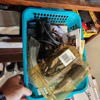2 Shelves of Tools bench vise, Planes , Drills, Dremel, Strap Wrench, Masks,