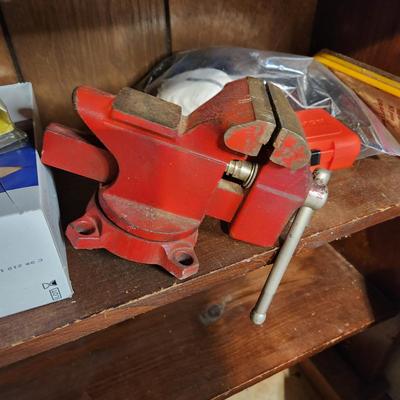 2 Shelves of Tools bench vise, Planes , Drills, Dremel, Strap Wrench, Masks,
