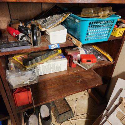 2 Shelves of Tools bench vise, Planes , Drills, Dremel, Strap Wrench, Masks,