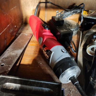 2 Shelves of Tools bench vise, Planes , Drills, Dremel, Strap Wrench, Masks,