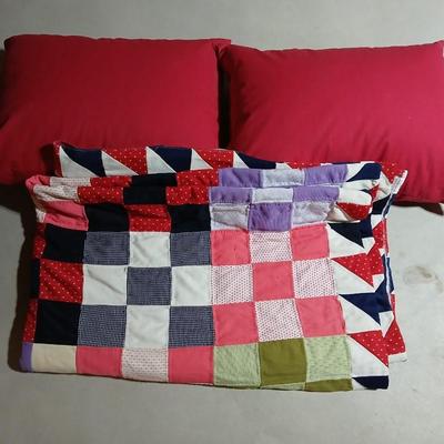 Handmade patchwork quilt with two nice feather pillows