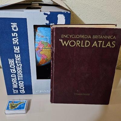 12" World Globe and vintage World atlas book