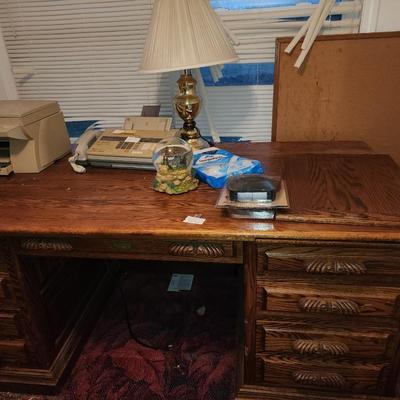 Desk, chair lamp and old tech.