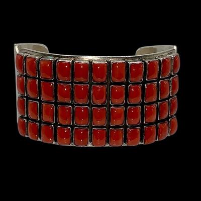 Stunning Navajo Paul Livingston Sterling and Coral Cuff Bracelet - 4 Row "Snake eye"