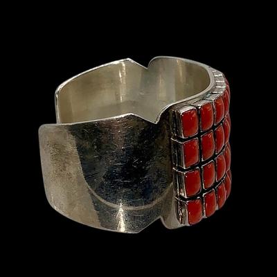 Stunning Navajo Paul Livingston Sterling and Coral Cuff Bracelet - 4 Row "Snake eye"