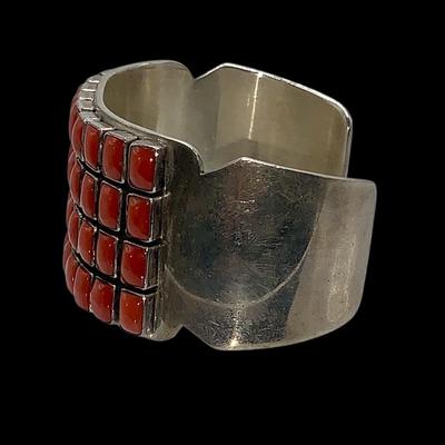 Stunning Navajo Paul Livingston Sterling and Coral Cuff Bracelet - 4 Row "Snake eye"