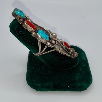 Large Native American Pawn Silver, Turquoise, and Coral Ring