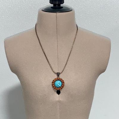 Vintage Native American Sterling, Turquoise, and Coral Necklace