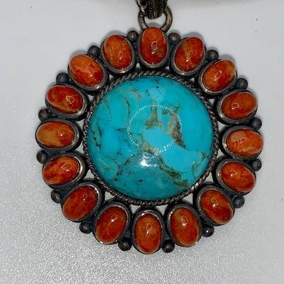 Vintage Native American Sterling, Turquoise, and Coral Necklace
