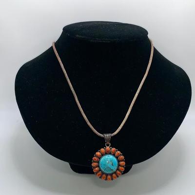 Vintage Native American Sterling, Turquoise, and Coral Necklace