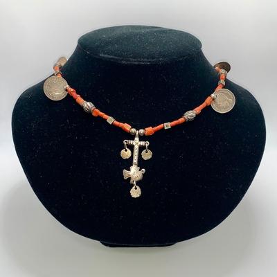 Antique Coin Silver and Coral Necklace