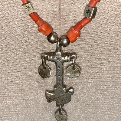 Antique Coin Silver and Coral Necklace