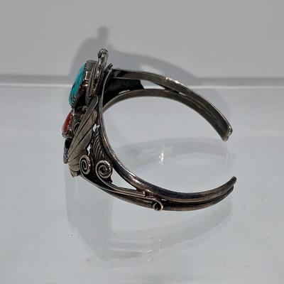 Navajo Pawn Silver, Turquoise, and Coral Bracelet by Justin Morris