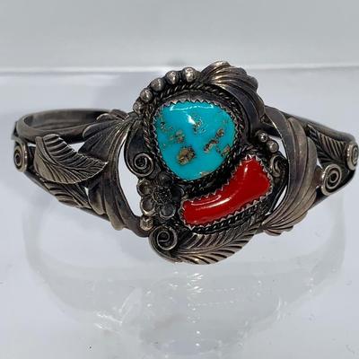 Navajo Pawn Silver, Turquoise, and Coral Bracelet by Justin Morris