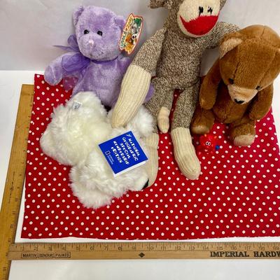 Lot of 4 stuffs - Bears and Sock Monkey on red & white pillowcase