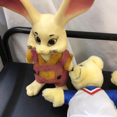 1968 Plastic Dog and Bunny and Two Ice Skating Bears Plushies.