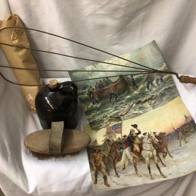 Vintage Pictures, Rug Beater Brown Jug And Industrial Floor Scrubber Brush