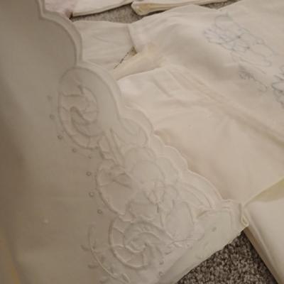 Vintage embroidered linens- pillowcases and lace tablecloth