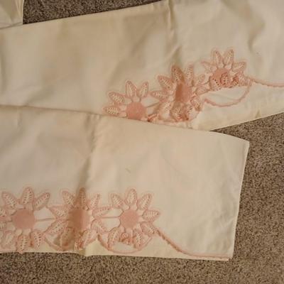 Vintage embroidered linens- pillowcases and lace tablecloth