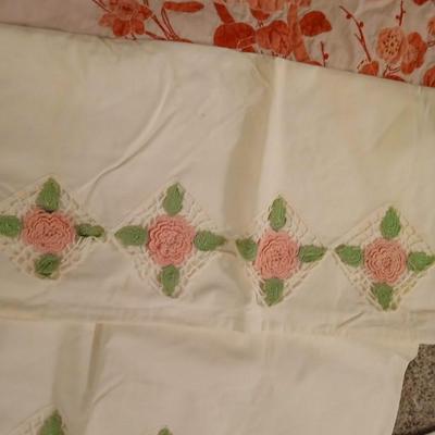 Vintage embroidered linens- pillowcases and lace tablecloth
