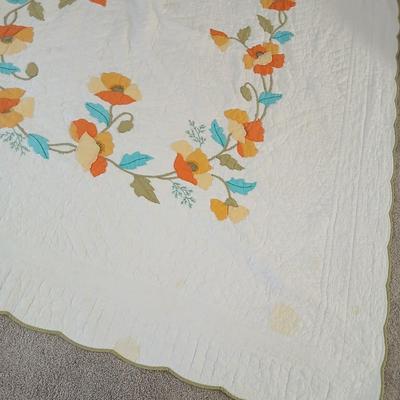 Vintage Handmade Applique Quilt, Orange "Garden Poppies"