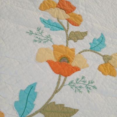 Vintage Handmade Applique Quilt, Orange "Garden Poppies"