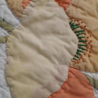 Vintage Handmade Applique Quilt, Orange "Garden Poppies"