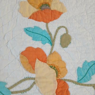 Vintage Handmade Applique Quilt, Orange "Garden Poppies"