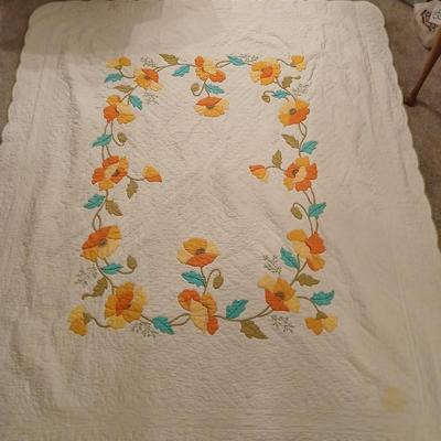 Vintage Handmade Applique Quilt, Orange "Garden Poppies"
