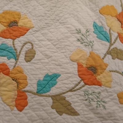 Vintage Handmade Applique Quilt, Orange "Garden Poppies"