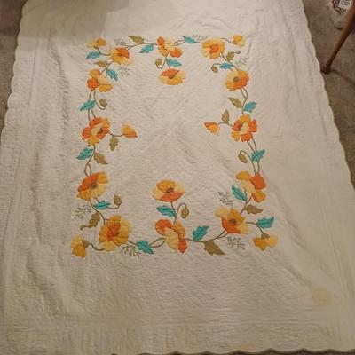 Vintage Handmade Applique Quilt, Orange "Garden Poppies"