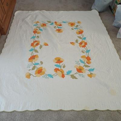 Vintage Handmade Applique Quilt, Orange "Garden Poppies"
