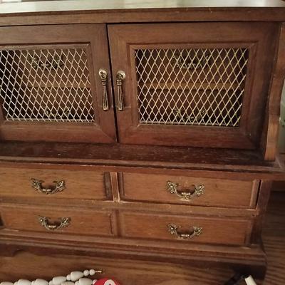 Wood multi drawer Jewlery box with assortment of jewelry and a smaller jewelry box