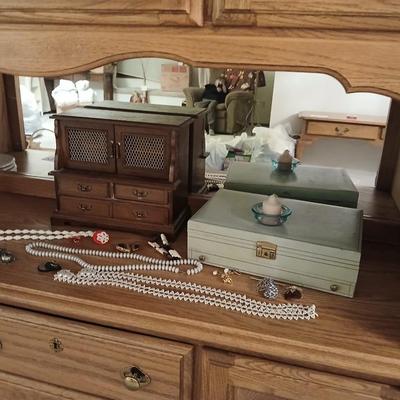 Wood multi drawer Jewlery box with assortment of jewelry and a smaller jewelry box