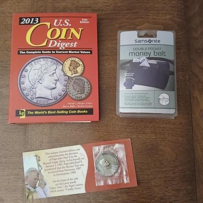 2013 US Coin digest book - Pope John Paul II coin and a Samsonite double pocket money belt