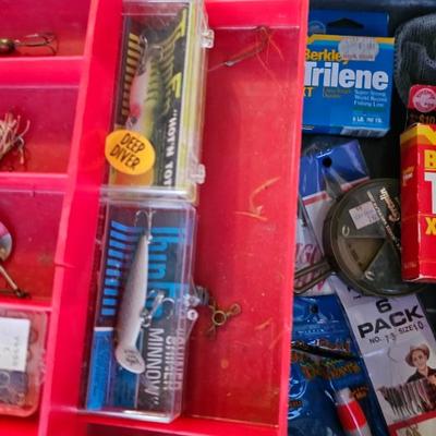 Large vintage metal tacklebox full of fishing tackle and a minnow bucket