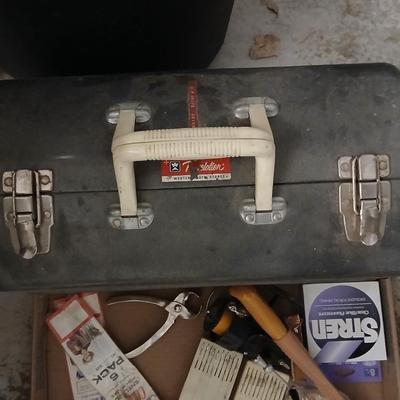 Large vintage metal tacklebox full of fishing tackle and a minnow bucket