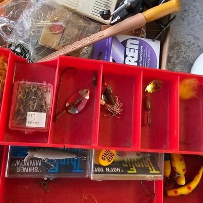 Large vintage metal tacklebox full of fishing tackle and a minnow bucket