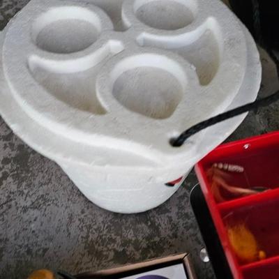 Large vintage metal tacklebox full of fishing tackle and a minnow bucket