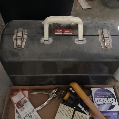 Large vintage metal tacklebox full of fishing tackle and a minnow bucket