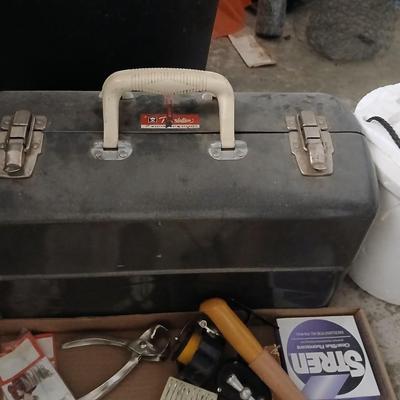 Large vintage metal tacklebox full of fishing tackle and a minnow bucket