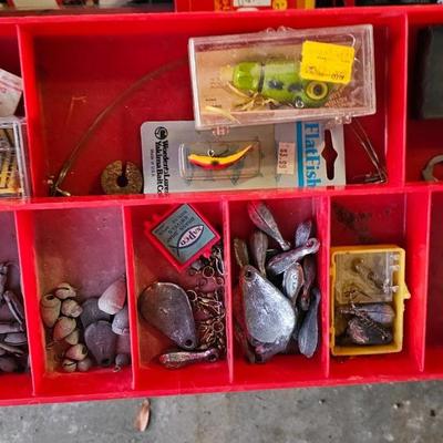 Large vintage metal tacklebox full of fishing tackle and a minnow bucket