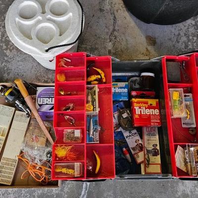 Large vintage metal tacklebox full of fishing tackle and a minnow bucket