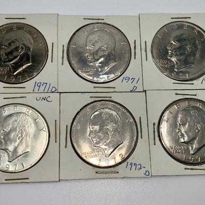 Lot of Six (6) 1971-72 Eisenhower Silver Dollars. 40% Silver
