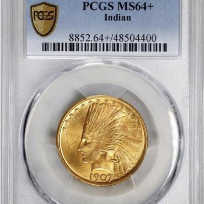 1907 $10 GOLD INDIAN HEAD EAGLE PCGS MS 64+