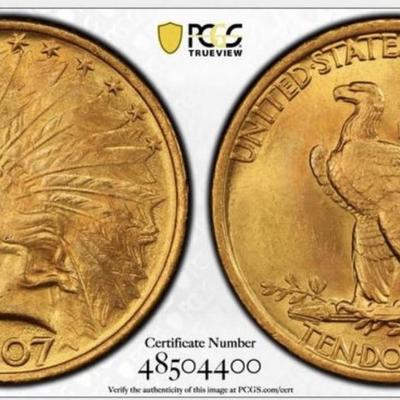 1907 $10 GOLD INDIAN HEAD EAGLE PCGS MS 64+