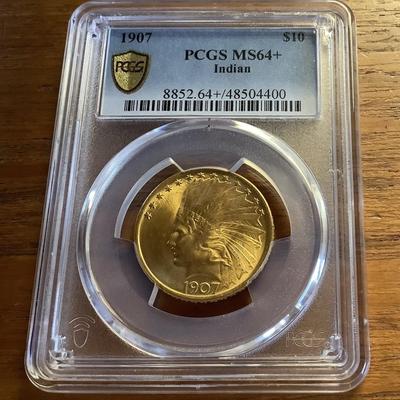 1907 $10 GOLD INDIAN HEAD EAGLE PCGS MS 64+