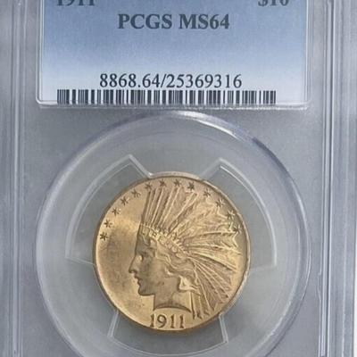 1911 P $10 GOLD INDIAN HEAD EAGLE PCGS MS 64